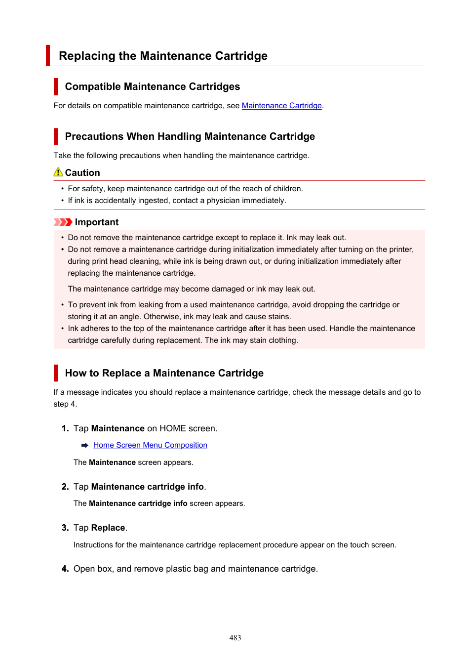 Replacing the maintenance cartridge | Canon imagePROGRAF TX-3100 36" Printer with Basket User Manual | Page 483 / 1073