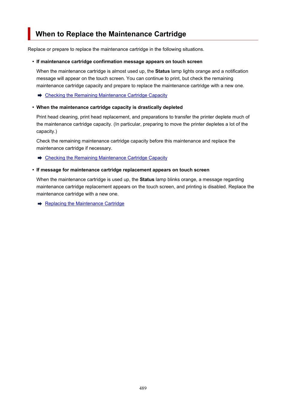 When to replace the maintenance cartridge | Canon imagePROGRAF TX-3100 36" Printer with Basket User Manual | Page 489 / 1073