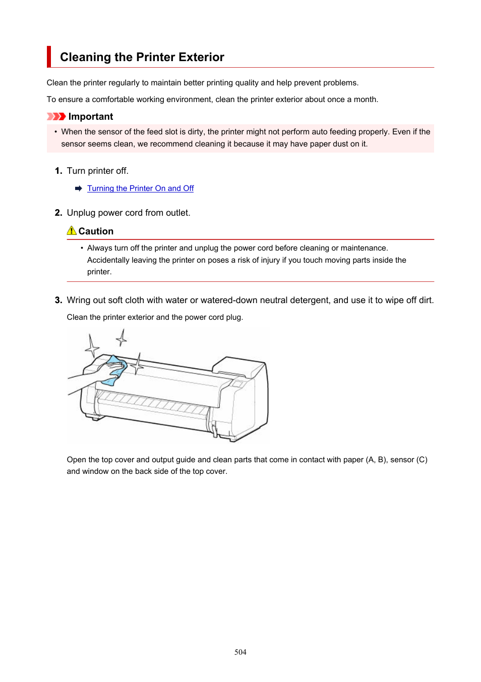 Cleaning the printer exterior | Canon imagePROGRAF TX-3100 36" Printer with Basket User Manual | Page 504 / 1073