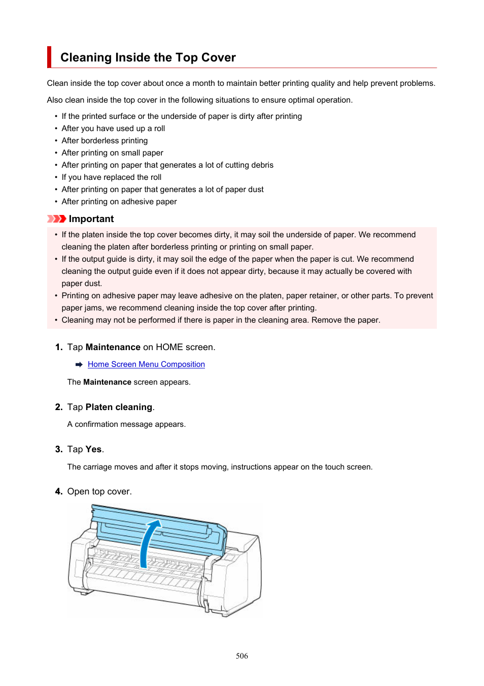 Cleaning inside the top cover, Cleaning inside the, Top cover | Canon imagePROGRAF TX-3100 36" Printer with Basket User Manual | Page 506 / 1073