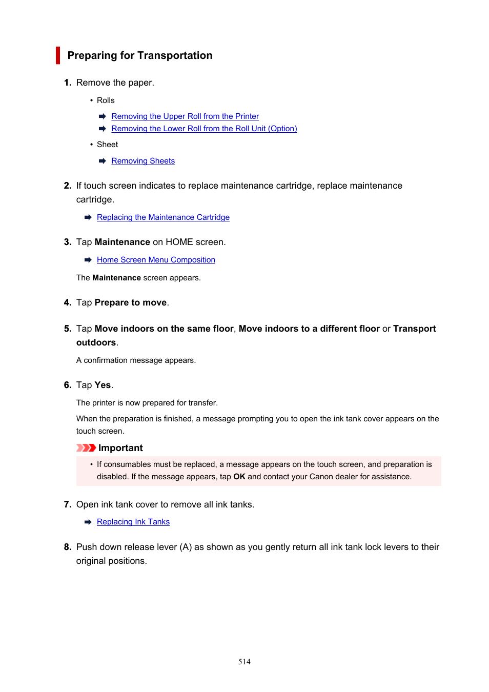 Preparing for transportation | Canon imagePROGRAF TX-3100 36" Printer with Basket User Manual | Page 514 / 1073