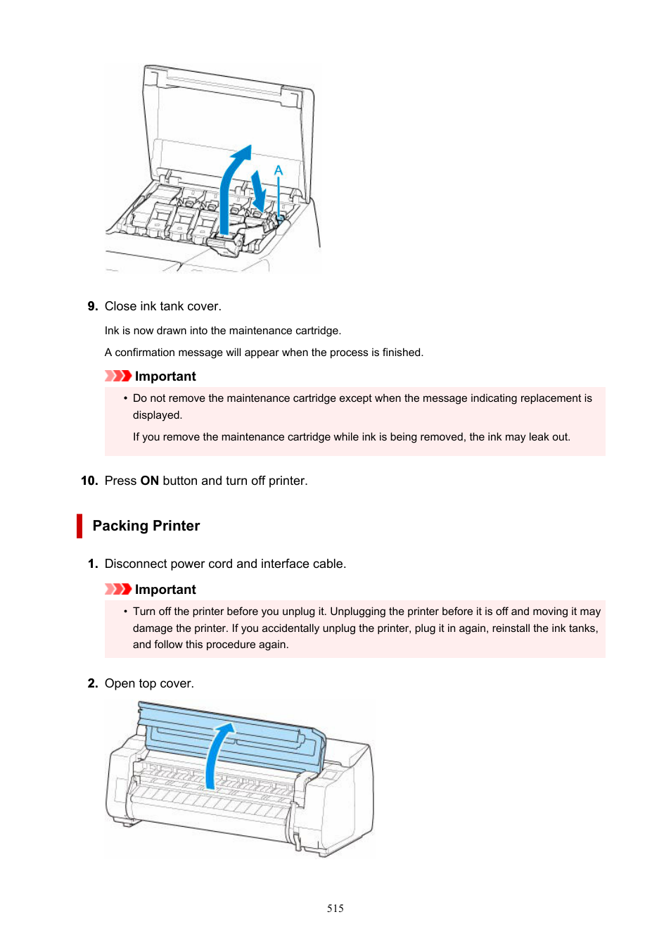 Packing printer | Canon imagePROGRAF TX-3100 36" Printer with Basket User Manual | Page 515 / 1073
