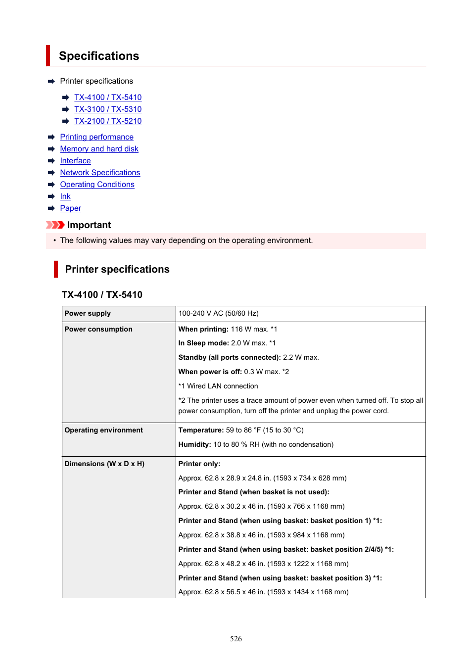 Specifications, Printer specifications, Important | Canon imagePROGRAF TX-3100 36" Printer with Basket User Manual | Page 526 / 1073