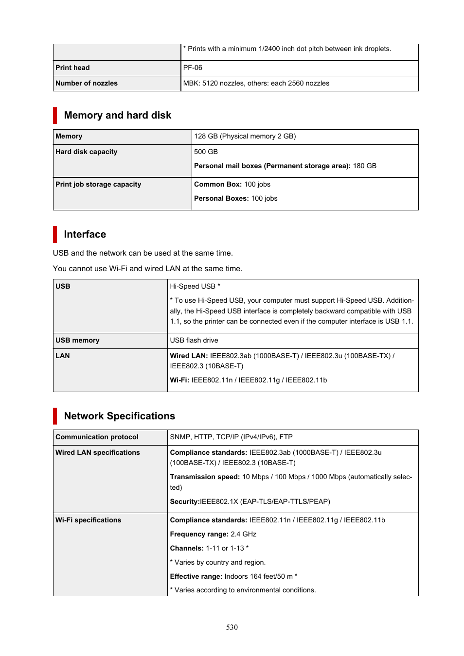 Interface, Network specifications | Canon imagePROGRAF TX-3100 36" Printer with Basket User Manual | Page 530 / 1073