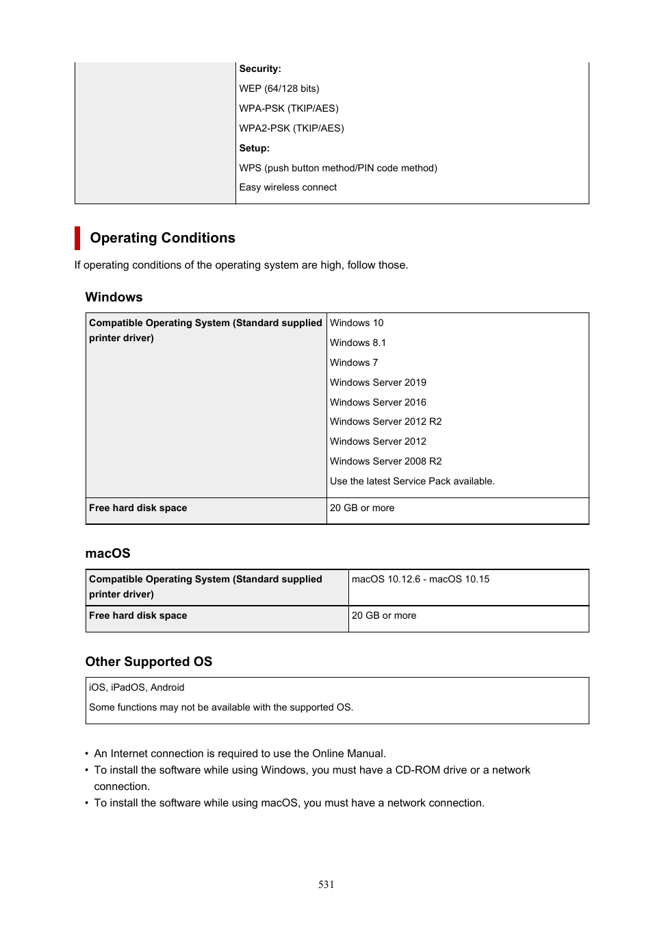 Operating conditions, Windows, Macos | Other supported os | Canon imagePROGRAF TX-3100 36" Printer with Basket User Manual | Page 531 / 1073