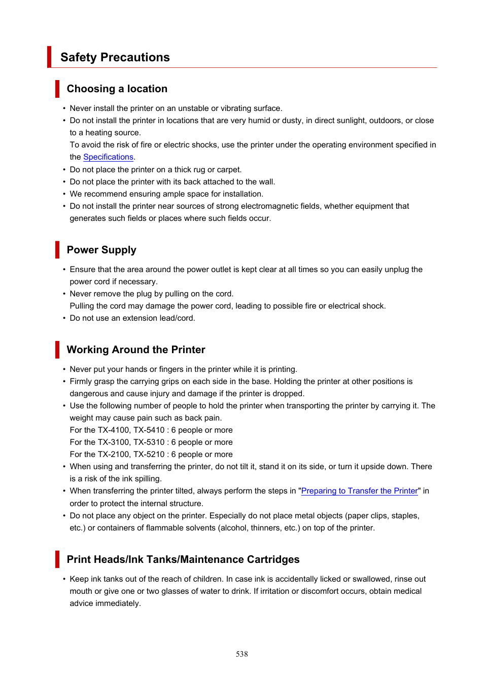 Safety precautions | Canon imagePROGRAF TX-3100 36" Printer with Basket User Manual | Page 538 / 1073