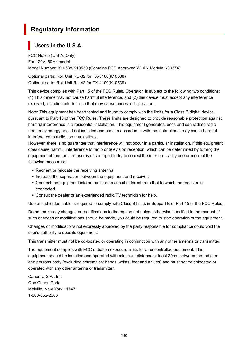 Regulatory information | Canon imagePROGRAF TX-3100 36" Printer with Basket User Manual | Page 540 / 1073