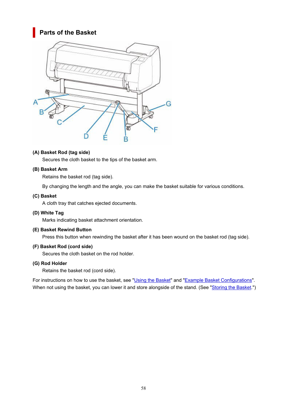 Parts of the basket | Canon imagePROGRAF TX-3100 36" Printer with Basket User Manual | Page 58 / 1073