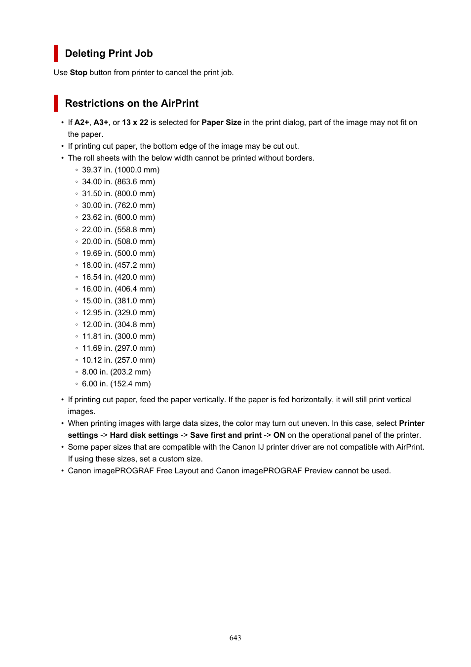 There are, Restrictions, For printing with airprint | Deleting print job, Restrictions on the airprint | Canon imagePROGRAF TX-3100 36" Printer with Basket User Manual | Page 643 / 1073