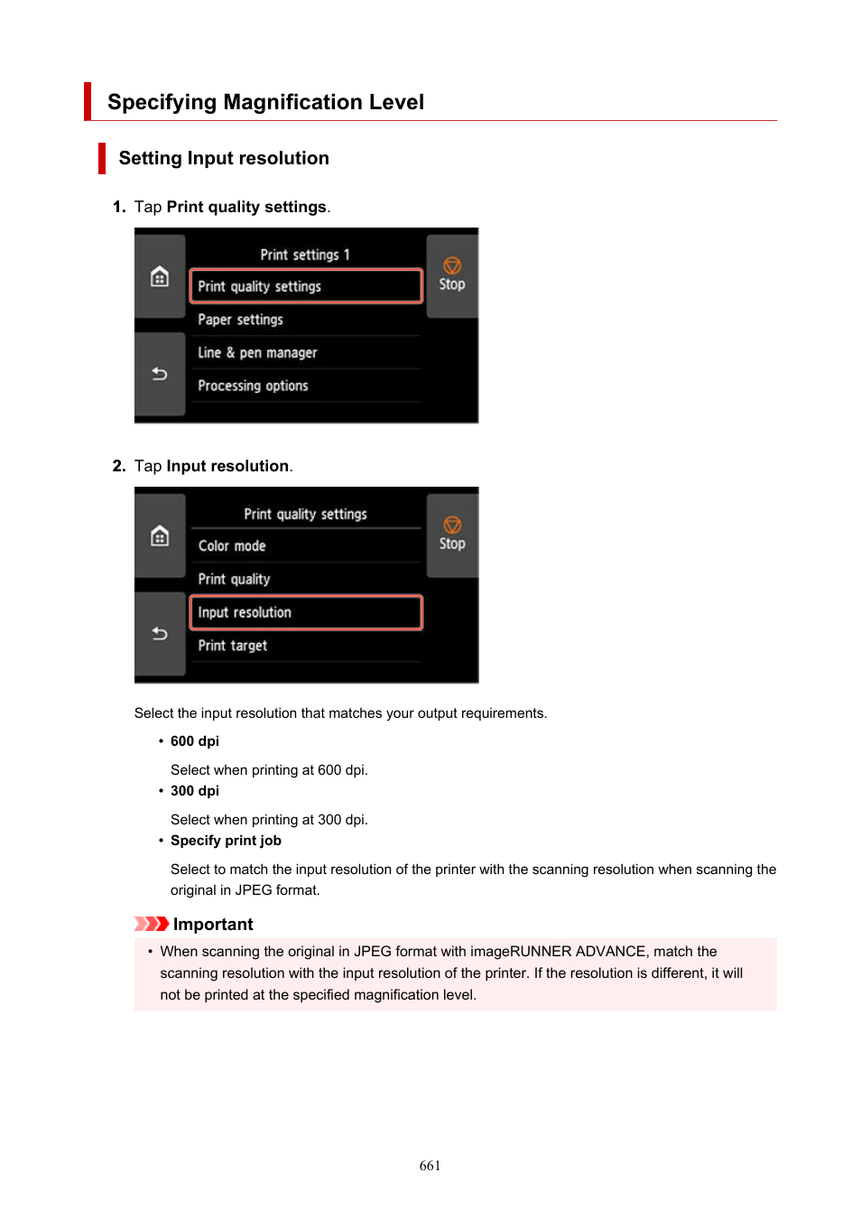 Specifying magnification level, Setting input resolution | Canon imagePROGRAF TX-3100 36" Printer with Basket User Manual | Page 661 / 1073