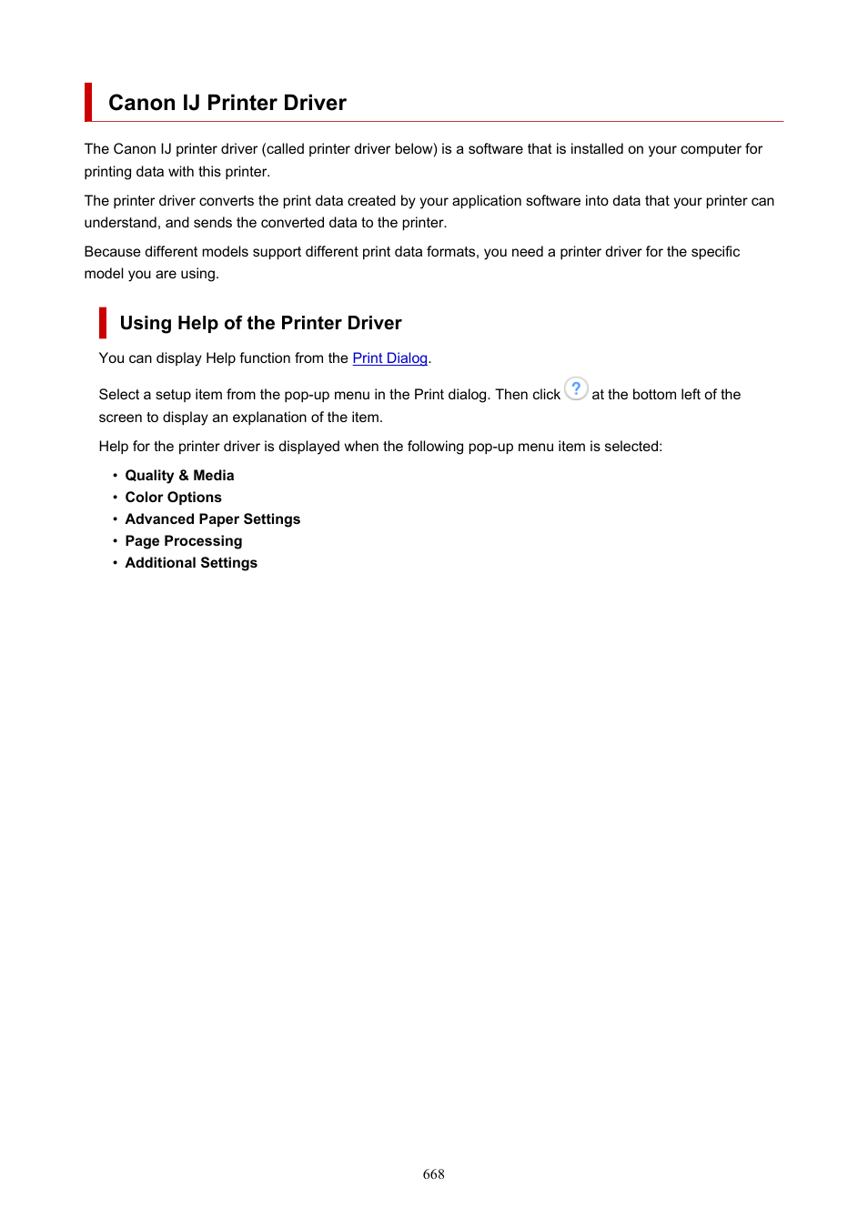 Canon ij printer driver, Using help of the printer driver | Canon imagePROGRAF TX-3100 36" Printer with Basket User Manual | Page 668 / 1073