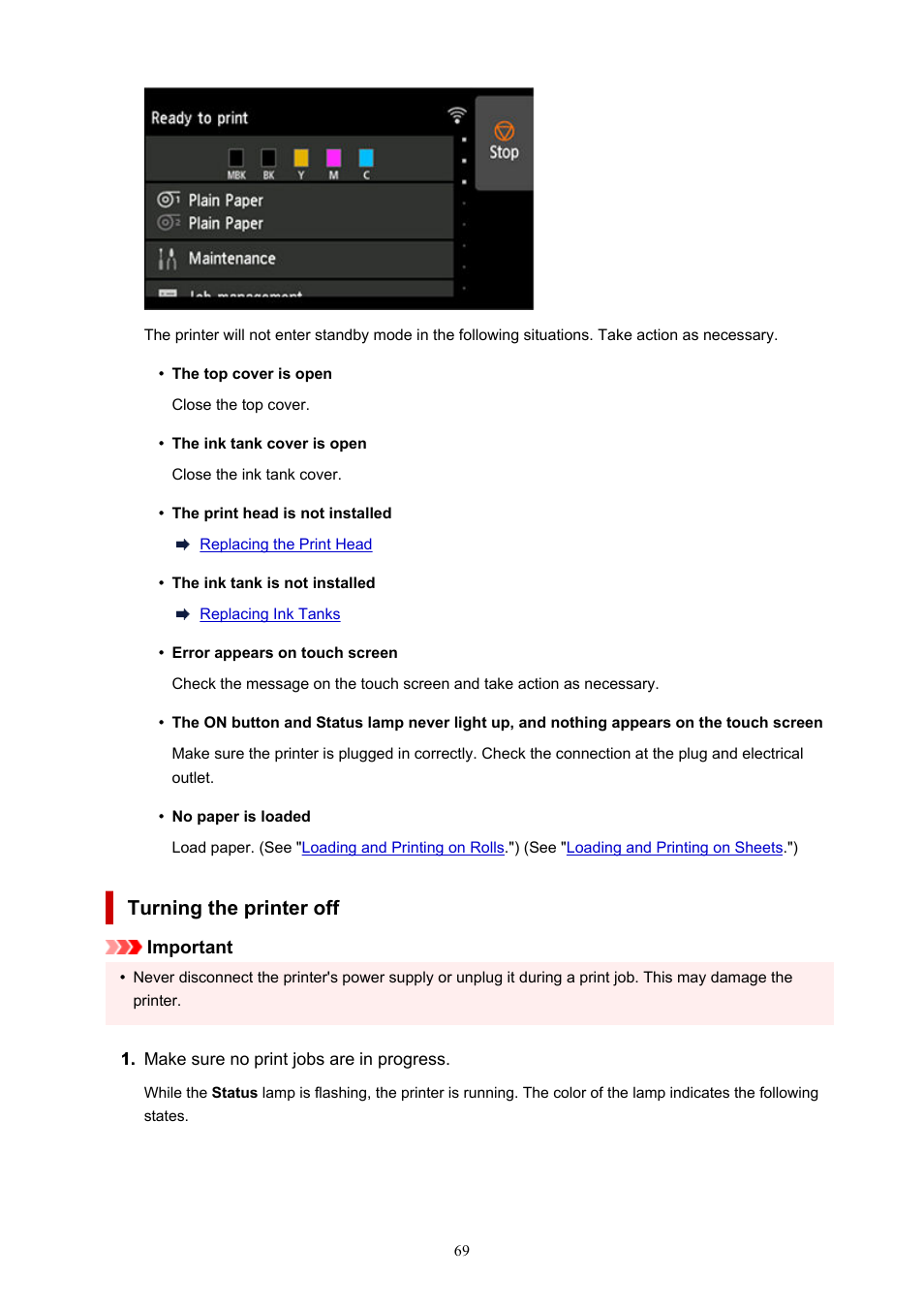 Turning the printer off | Canon imagePROGRAF TX-3100 36" Printer with Basket User Manual | Page 69 / 1073