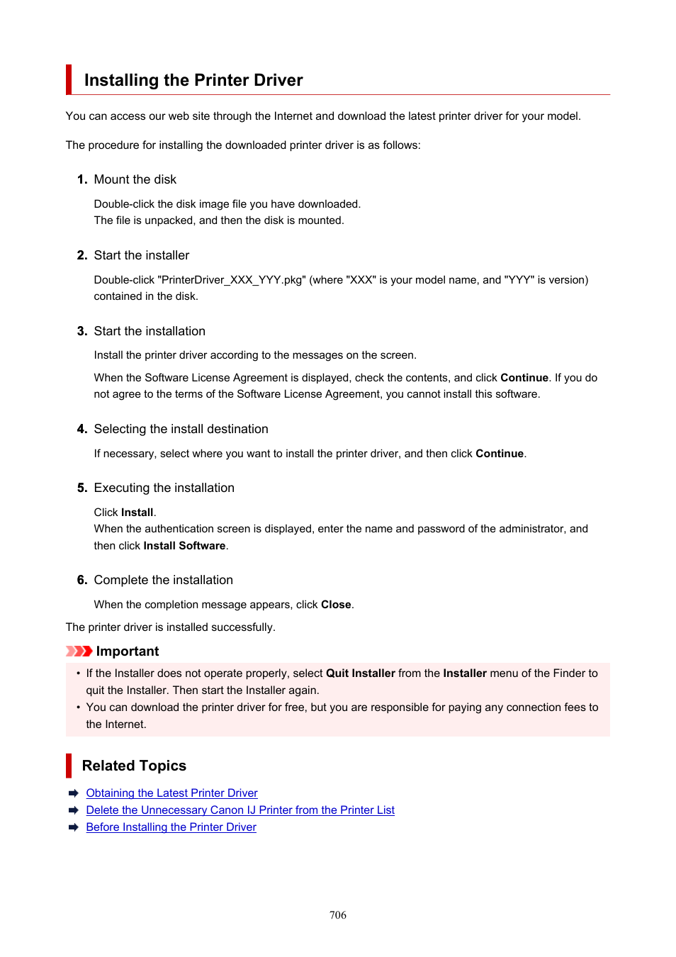 Installing the printer driver, Related topics | Canon imagePROGRAF TX-3100 36" Printer with Basket User Manual | Page 706 / 1073