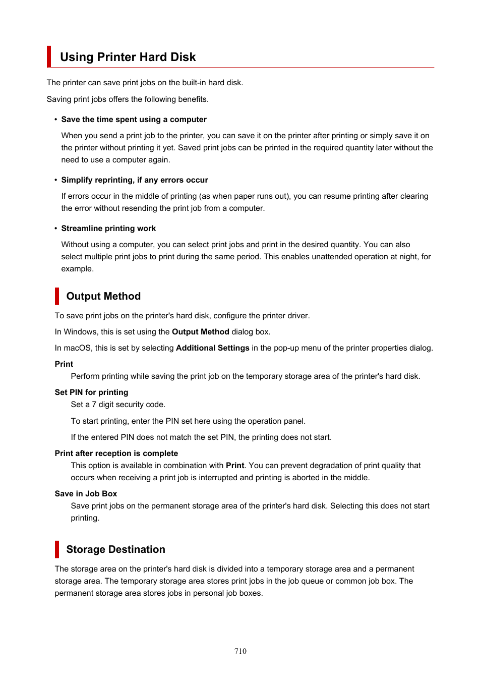 Using printer hard disk, Output method, Storage destination | Canon imagePROGRAF TX-3100 36" Printer with Basket User Manual | Page 710 / 1073