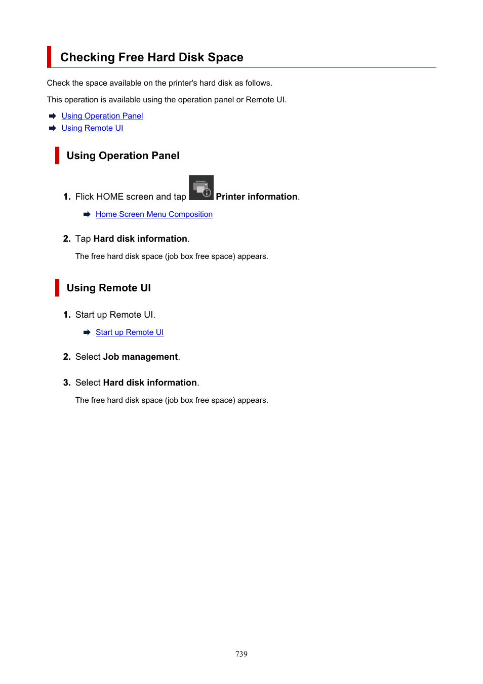 Checking free hard disk space | Canon imagePROGRAF TX-3100 36" Printer with Basket User Manual | Page 739 / 1073