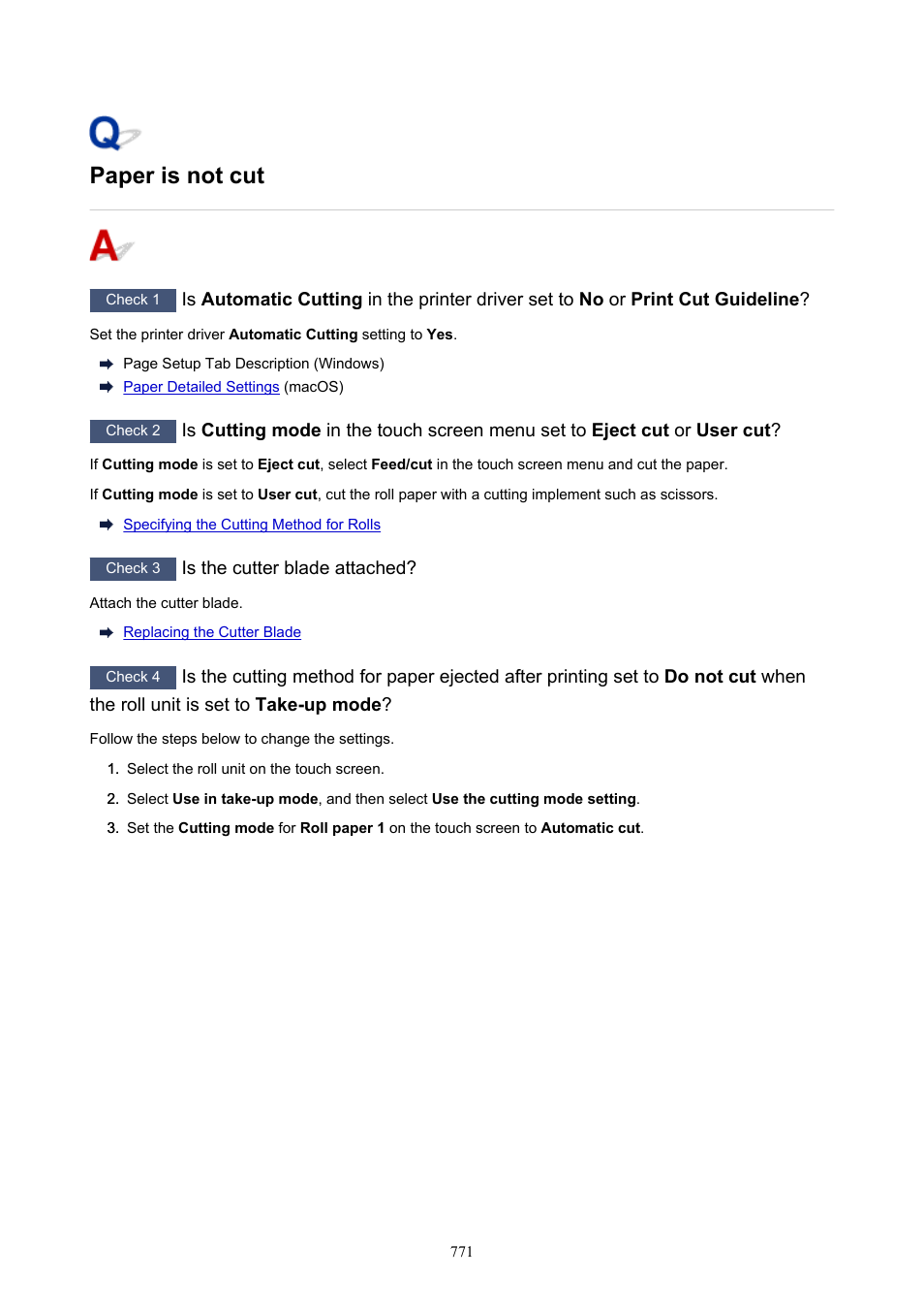 Paper is not cut | Canon imagePROGRAF TX-3100 36" Printer with Basket User Manual | Page 771 / 1073