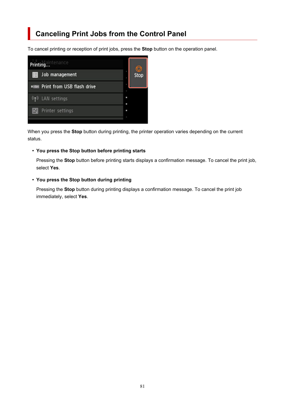 Canceling print jobs from the control panel | Canon imagePROGRAF TX-3100 36" Printer with Basket User Manual | Page 81 / 1073