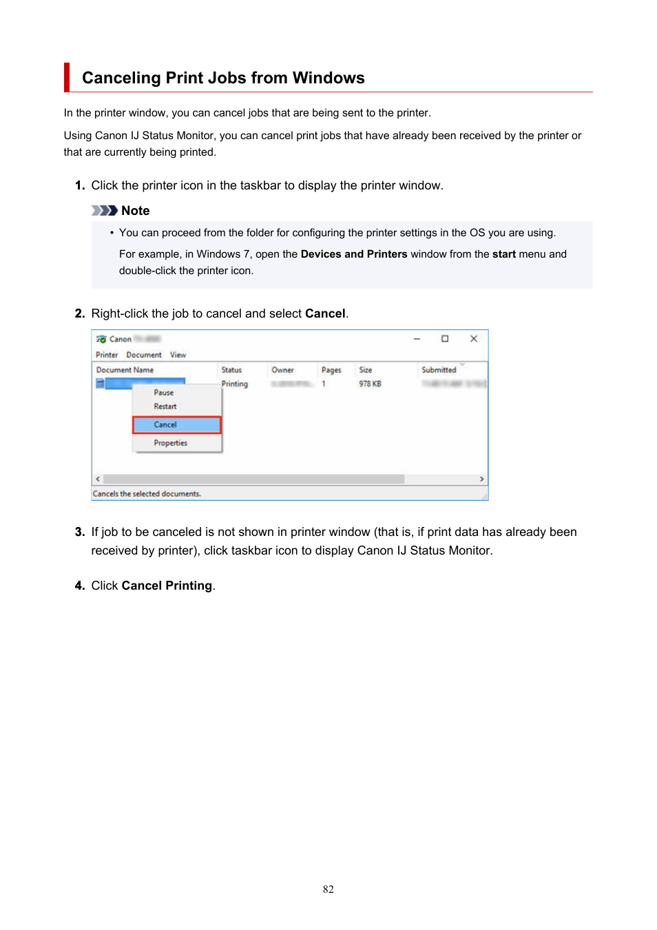 Canceling print jobs from windows | Canon imagePROGRAF TX-3100 36" Printer with Basket User Manual | Page 82 / 1073
