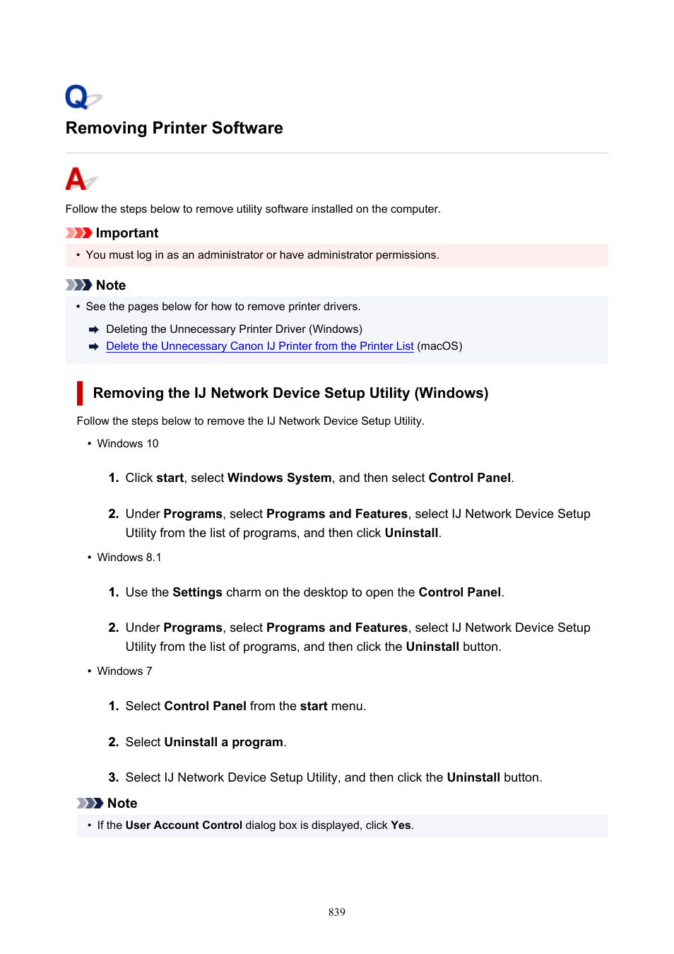 Removing printer software | Canon imagePROGRAF TX-3100 36" Printer with Basket User Manual | Page 839 / 1073