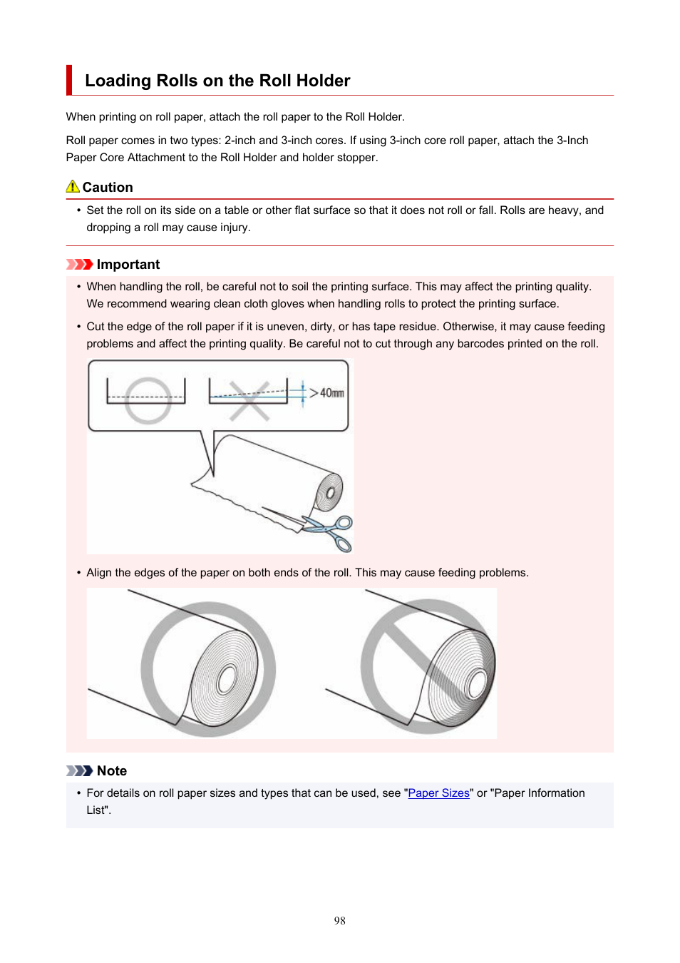 Loading rolls on the roll holder | Canon imagePROGRAF TX-3100 36" Printer with Basket User Manual | Page 98 / 1073