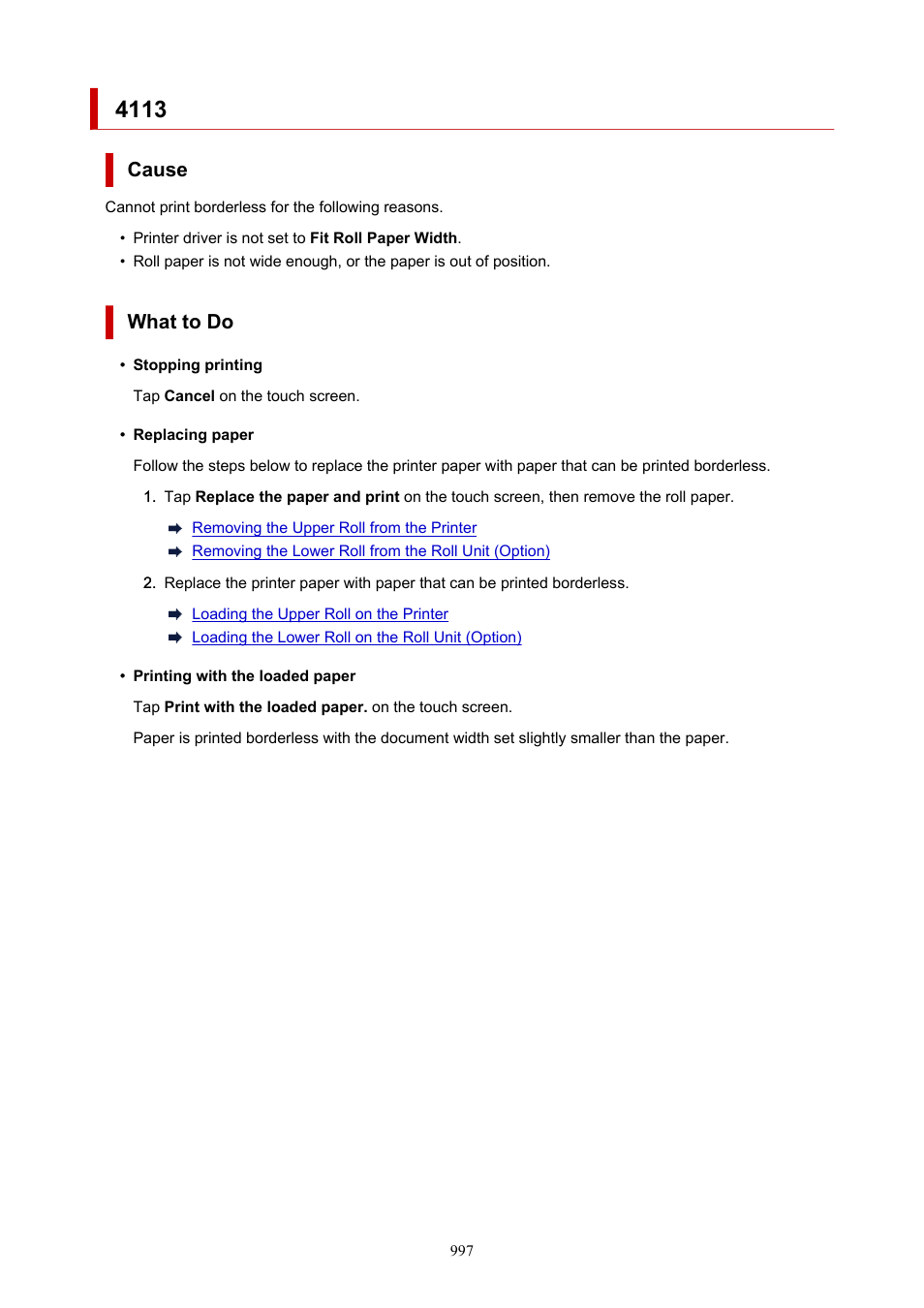 Cause, What to do | Canon imagePROGRAF TX-3100 36" Printer with Basket User Manual | Page 997 / 1073