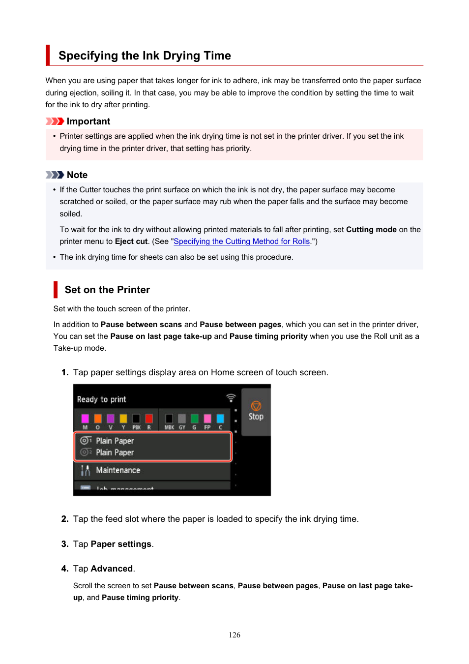 Specifying the ink drying time, Set on the printer | Canon imagePROGRAF GP-4000 User Manual | Page 126 / 1015