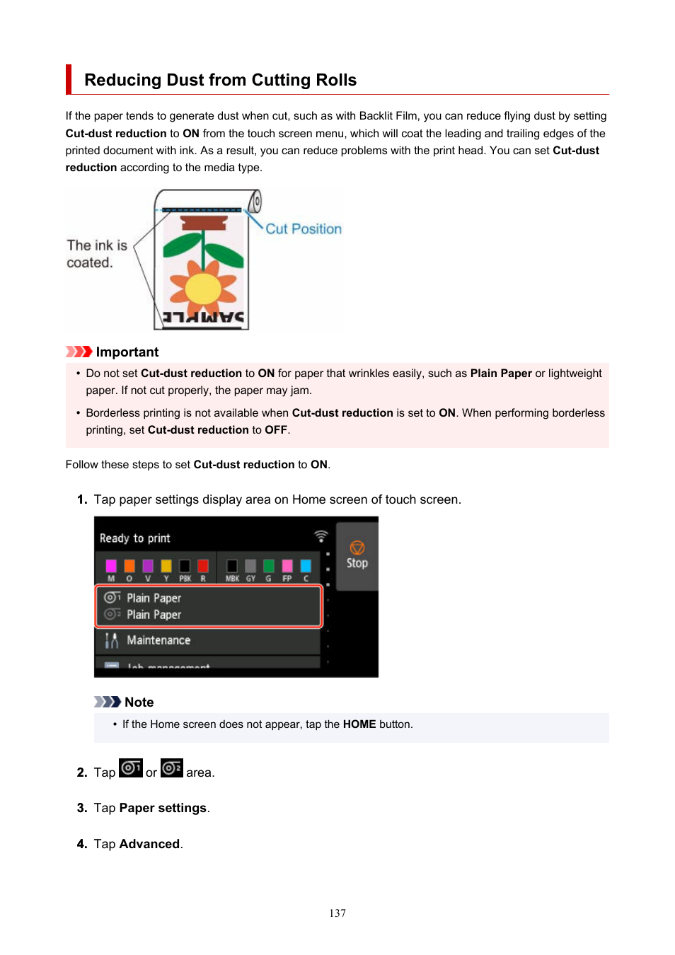 Reducing dust from cutting rolls | Canon imagePROGRAF GP-4000 User Manual | Page 137 / 1015