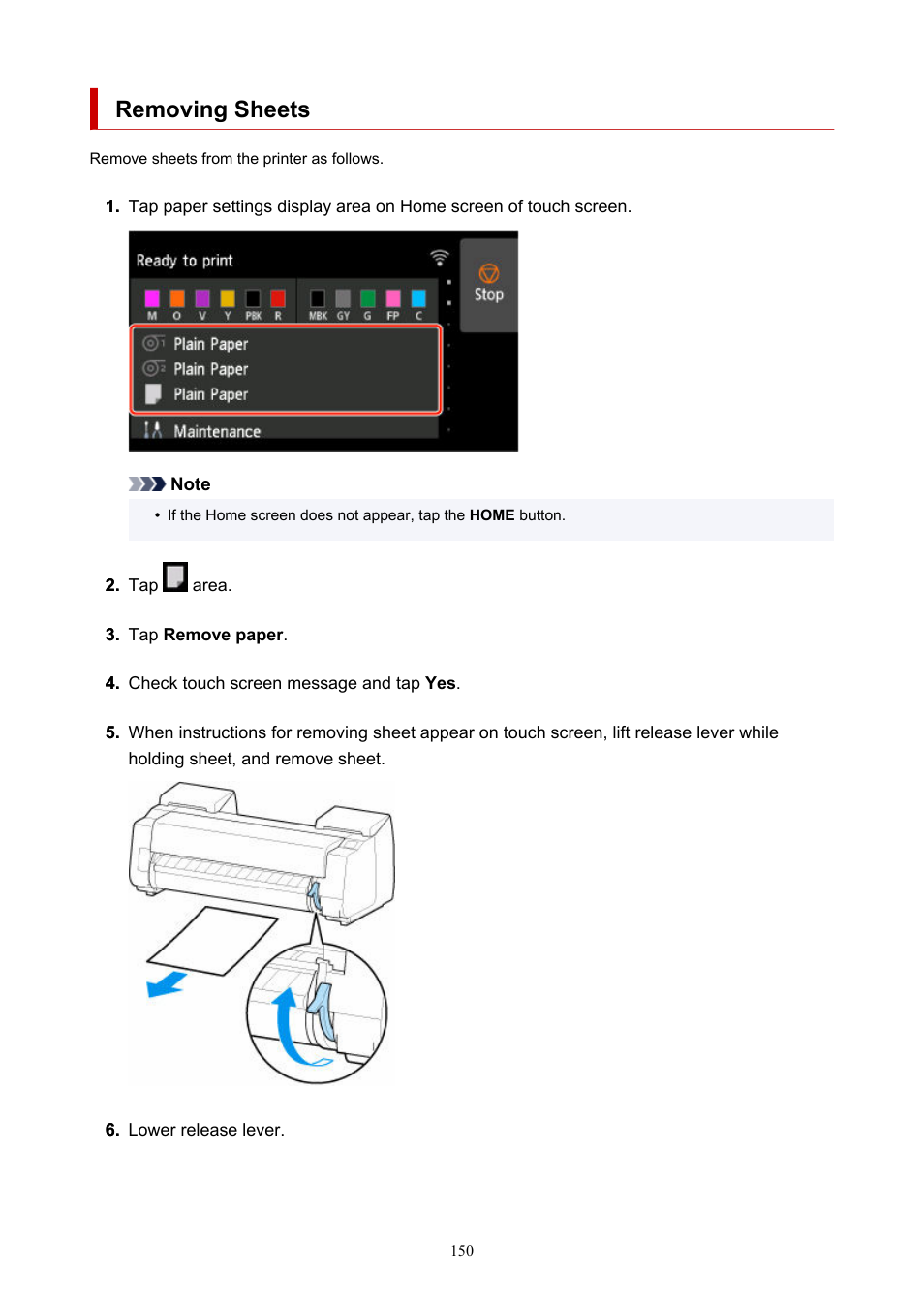 Removing sheets | Canon imagePROGRAF GP-4000 User Manual | Page 150 / 1015