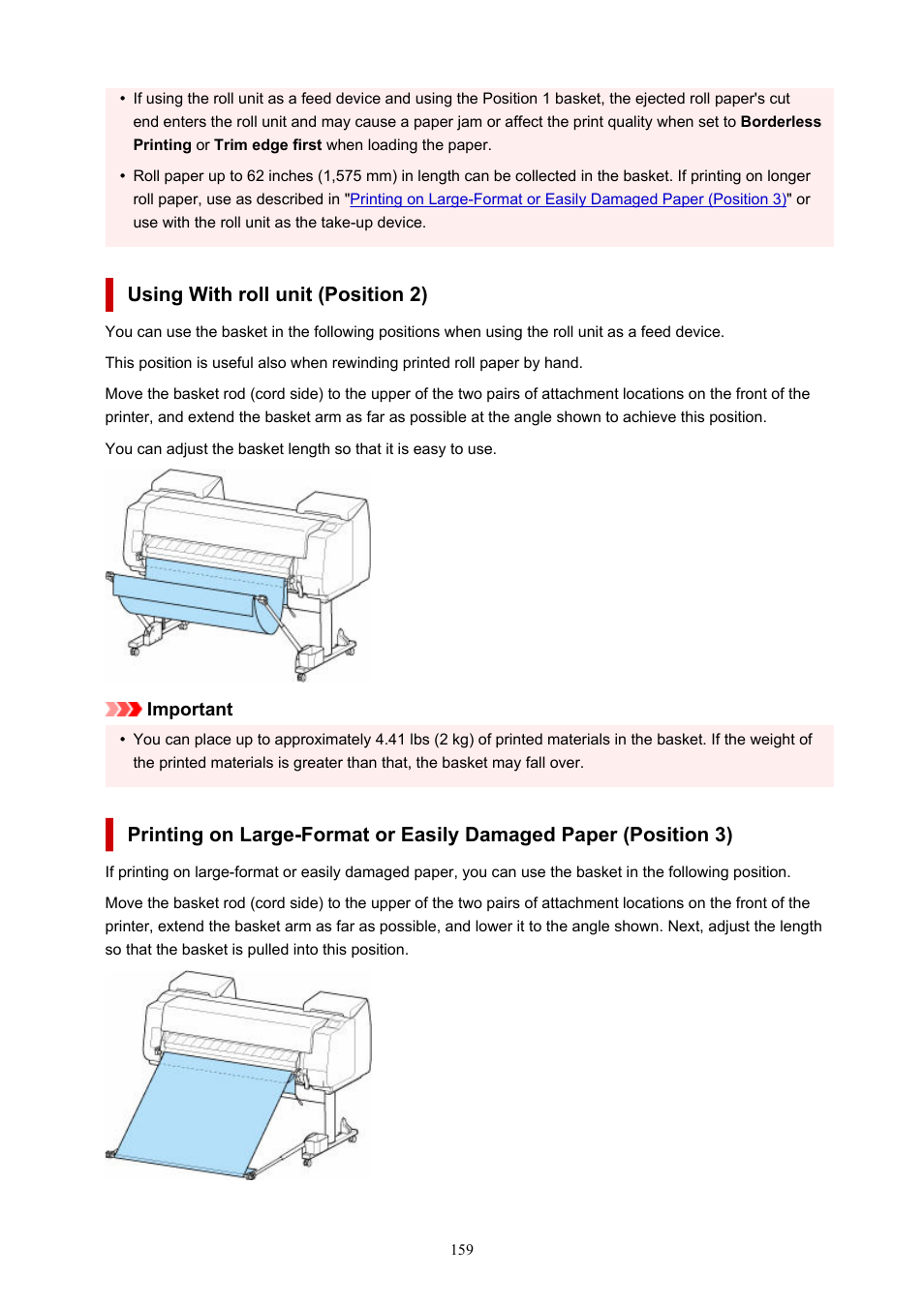 Printing on large-format or easily damaged, Paper (position 3), Using with roll unit (position 2) | Using with roll unit, Position 2) | Canon imagePROGRAF GP-4000 User Manual | Page 159 / 1015