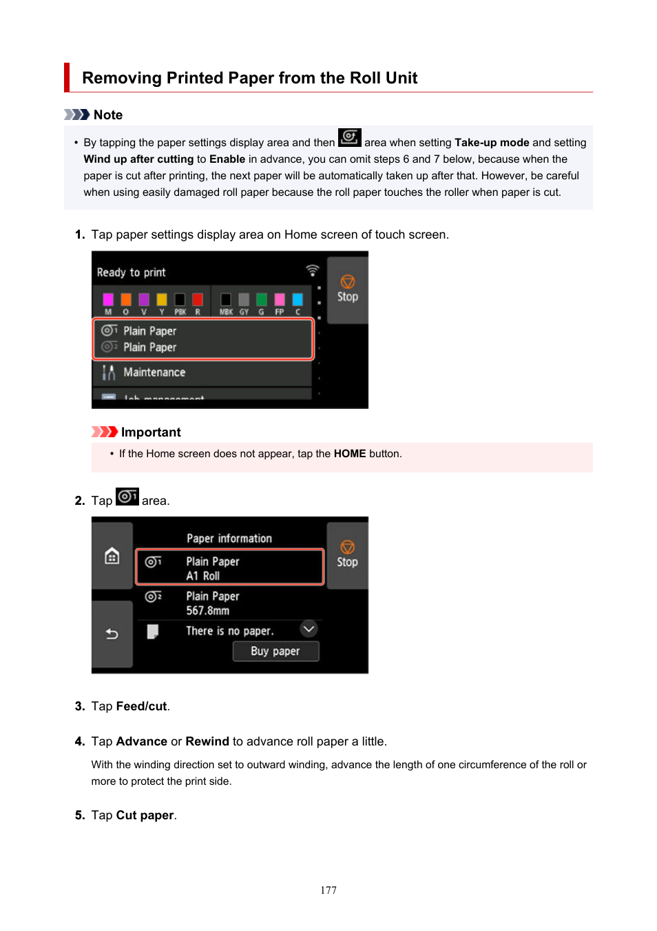 Removing printed paper from the roll unit | Canon imagePROGRAF GP-4000 User Manual | Page 177 / 1015