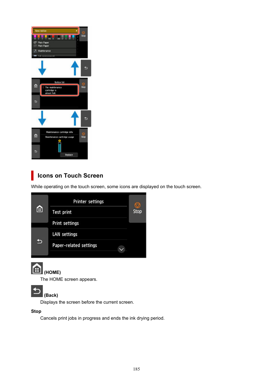 Icons on touch screen | Canon imagePROGRAF GP-4000 User Manual | Page 185 / 1015