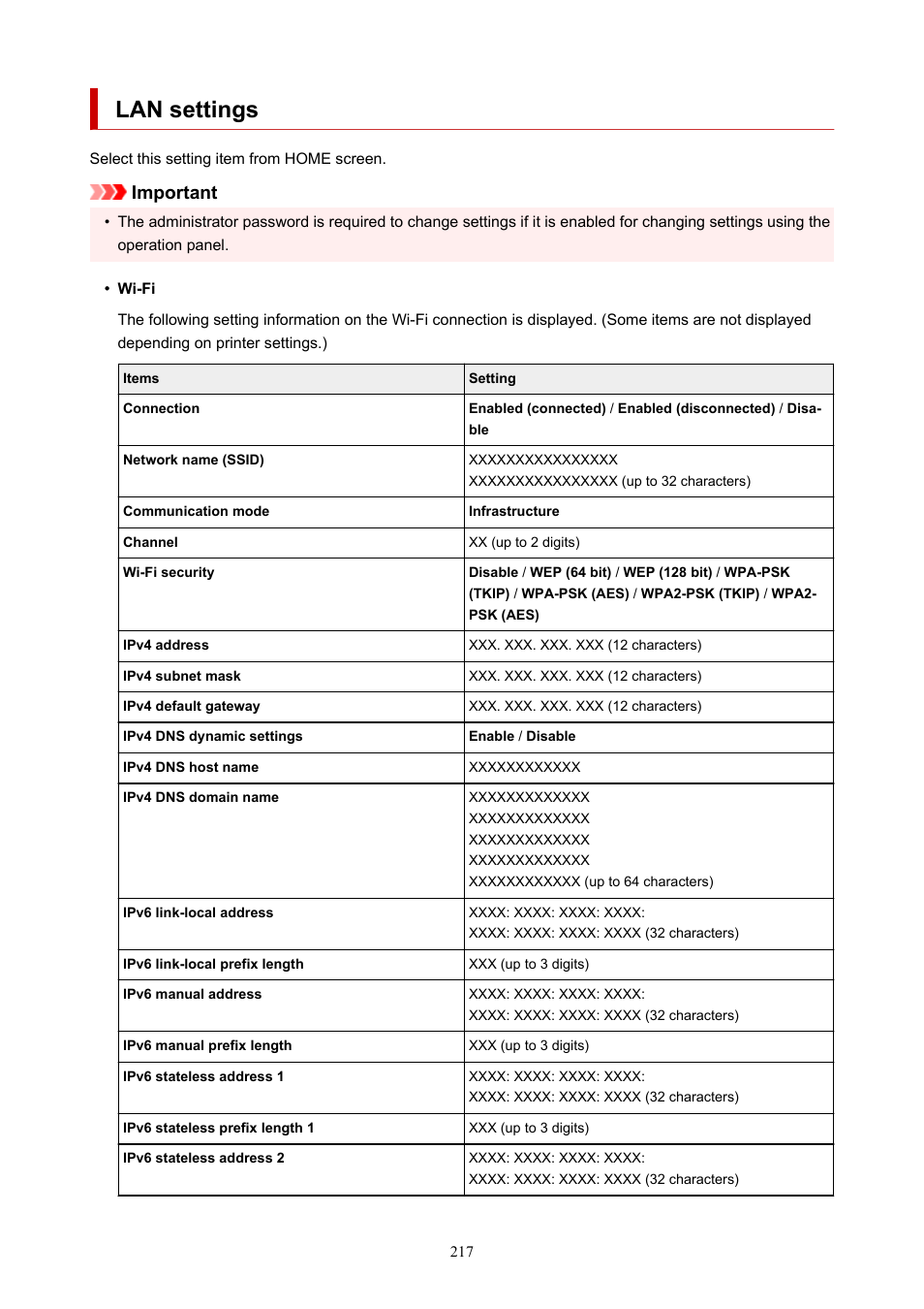 Lan settings, Important | Canon imagePROGRAF GP-4000 User Manual | Page 217 / 1015