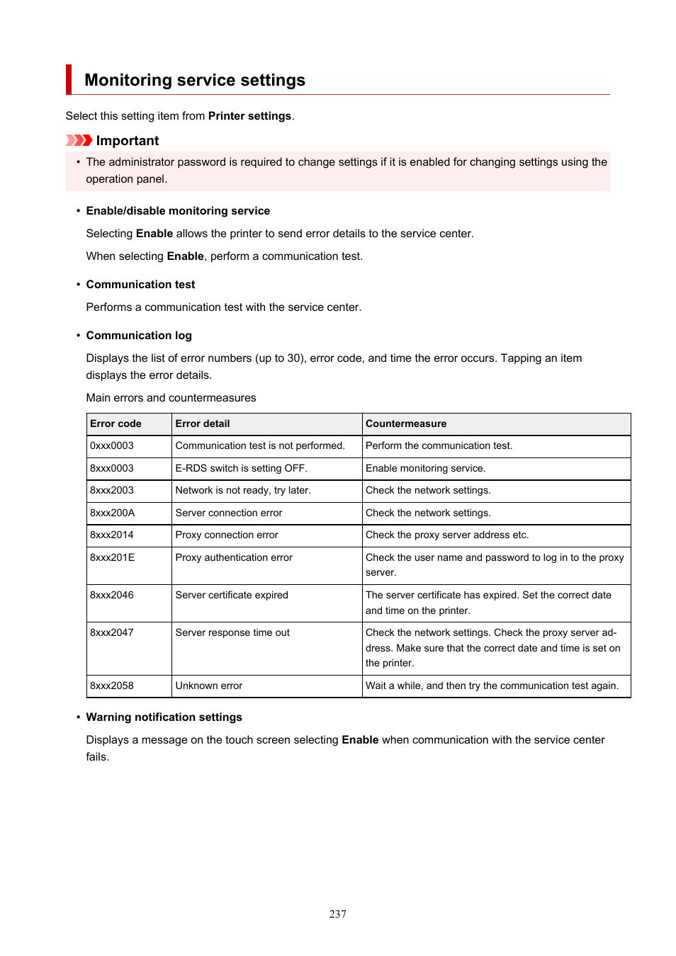 Monitoring service settings, Important | Canon imagePROGRAF GP-4000 User Manual | Page 237 / 1015
