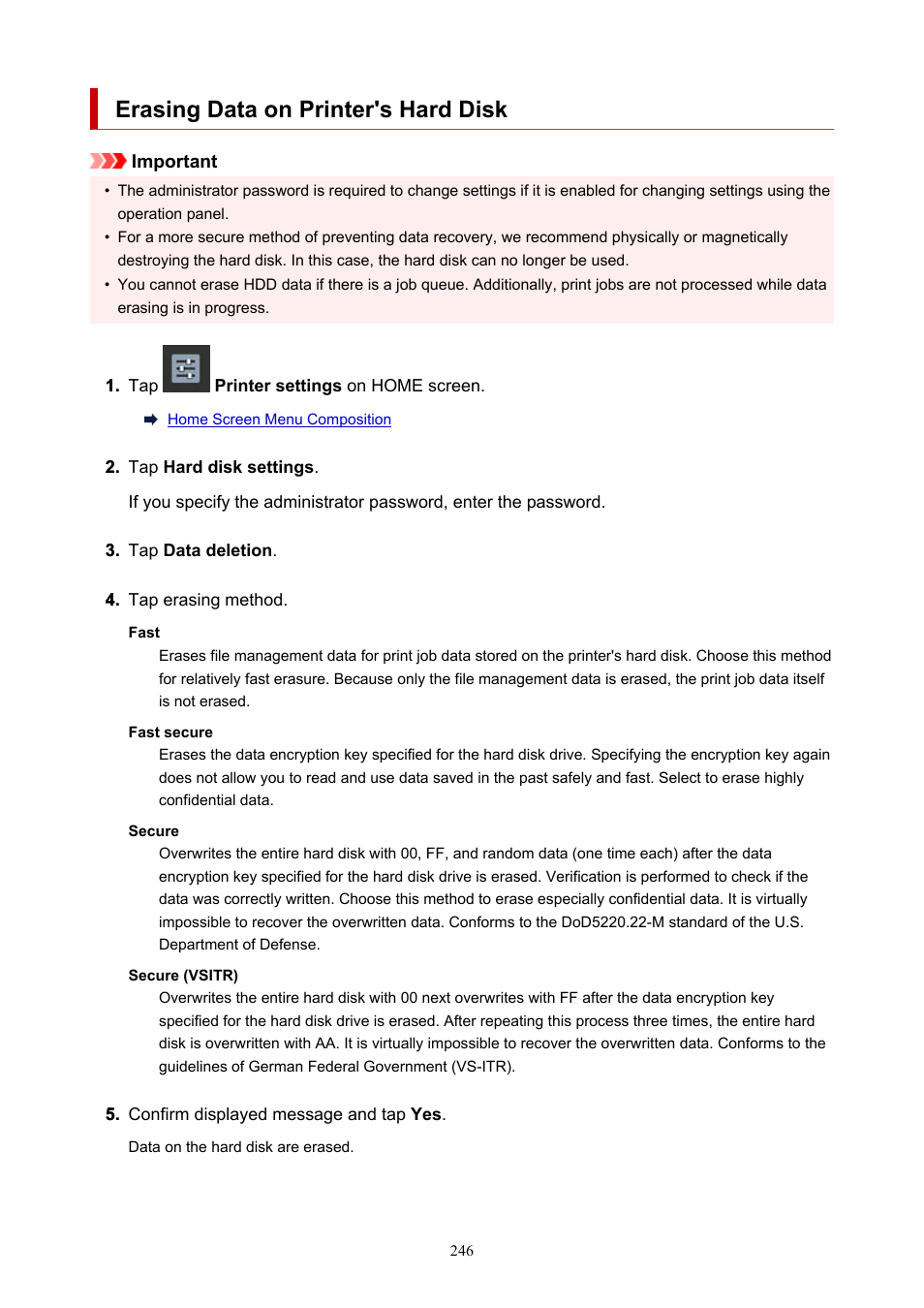 Erasing data on printer's hard disk | Canon imagePROGRAF GP-4000 User Manual | Page 246 / 1015