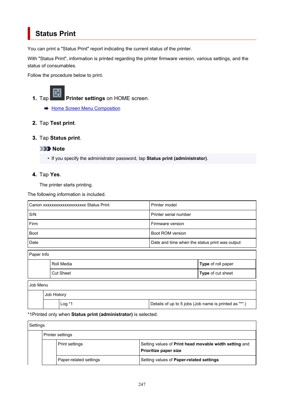 Status print | Canon imagePROGRAF GP-4000 User Manual | Page 247 / 1015