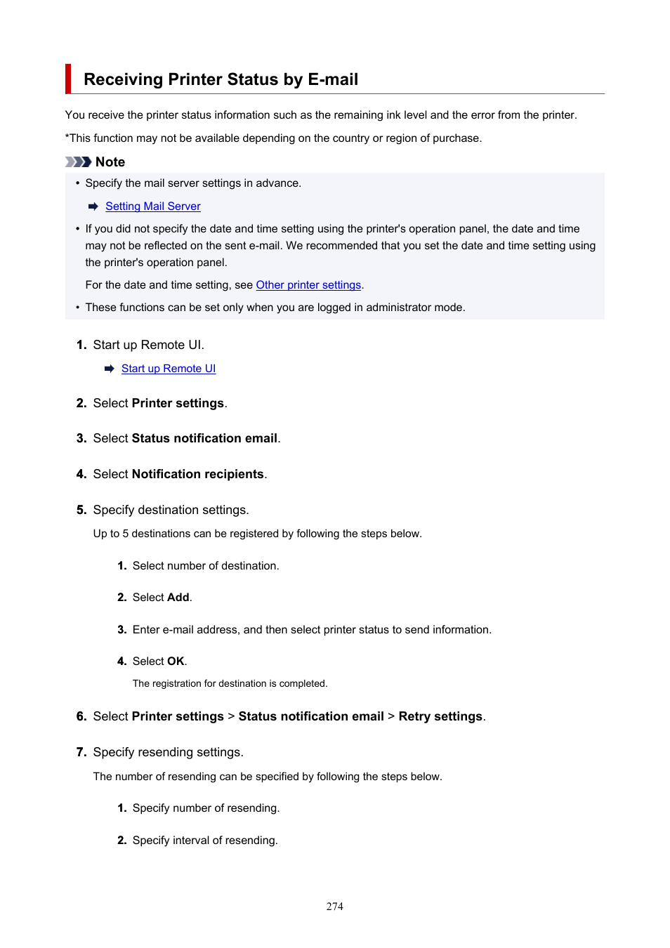 Receiving printer status by e-mail | Canon imagePROGRAF GP-4000 User Manual | Page 274 / 1015