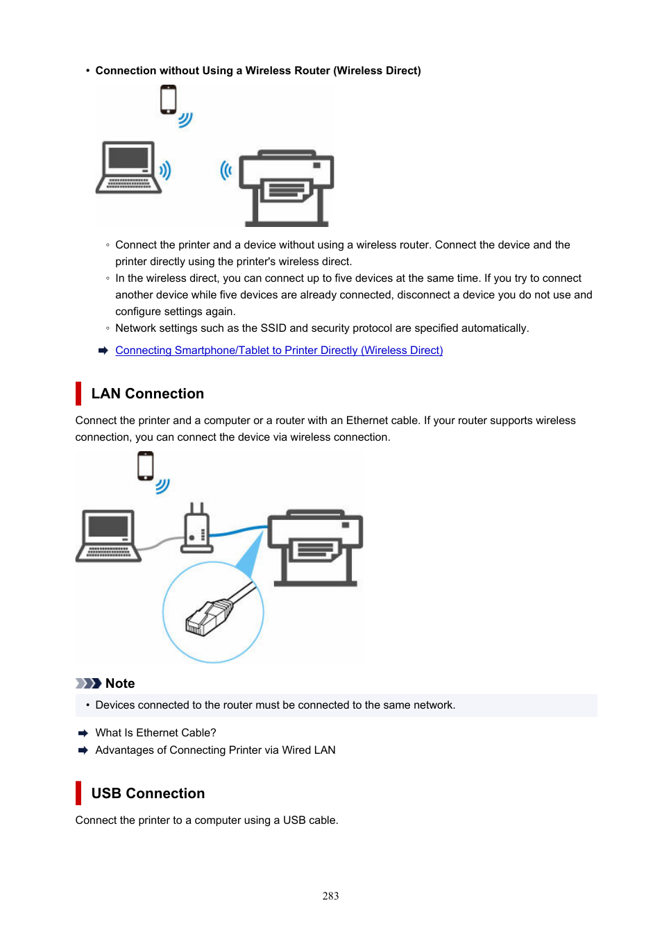 Without using wi-fi router (wireless direct), Lan connection, Usb connection | Canon imagePROGRAF GP-4000 User Manual | Page 283 / 1015