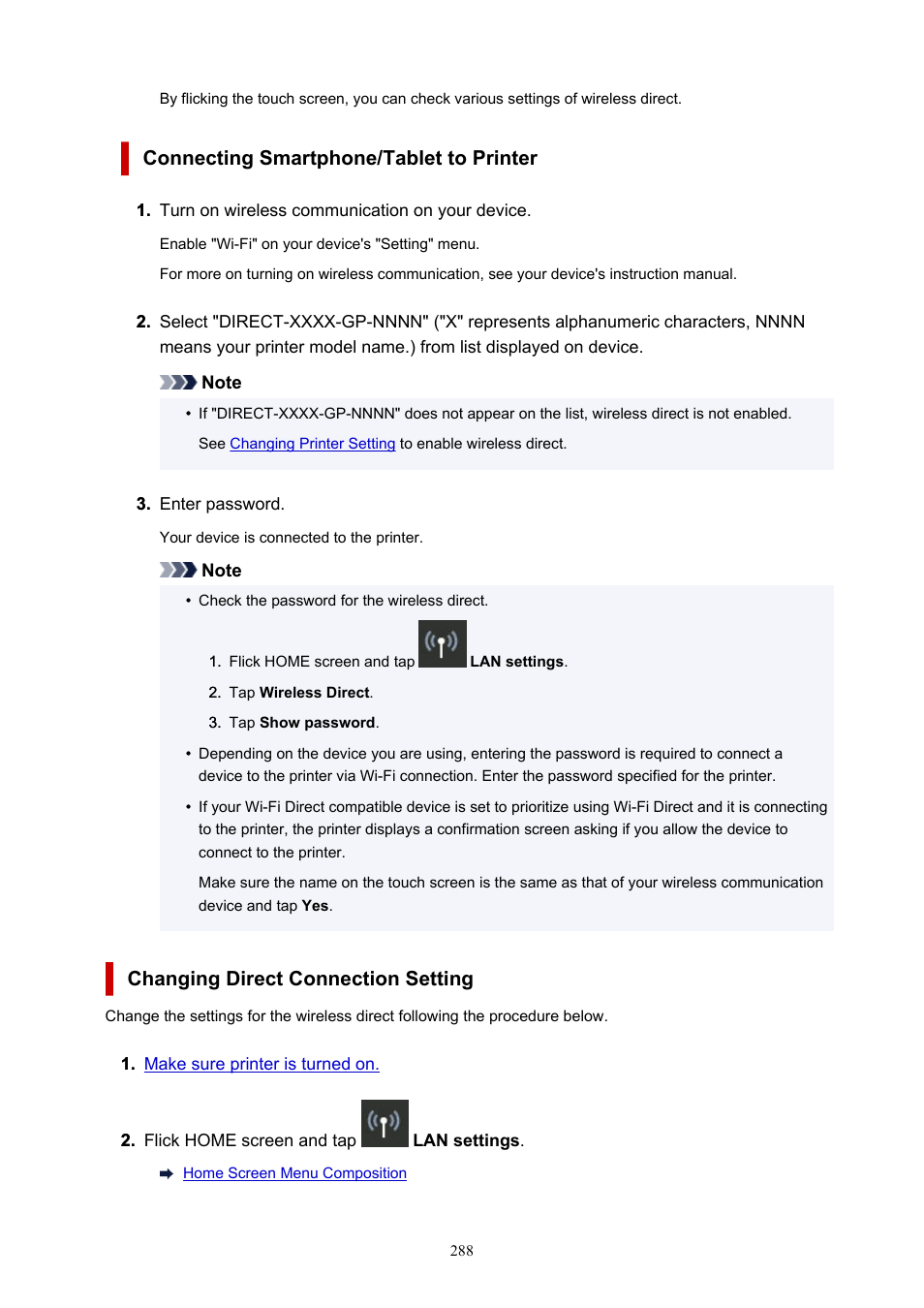 Connecting smartphone/tablet to printer, Changing direct connection setting | Canon imagePROGRAF GP-4000 User Manual | Page 288 / 1015