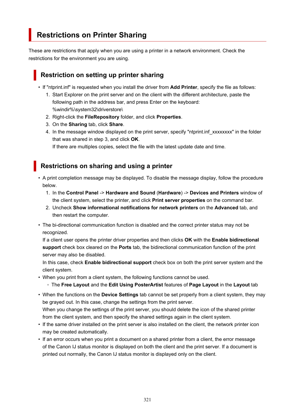 Restrictions on printer sharing, Restriction on setting up printer sharing, Restrictions on sharing and using a printer | Canon imagePROGRAF GP-4000 User Manual | Page 321 / 1015