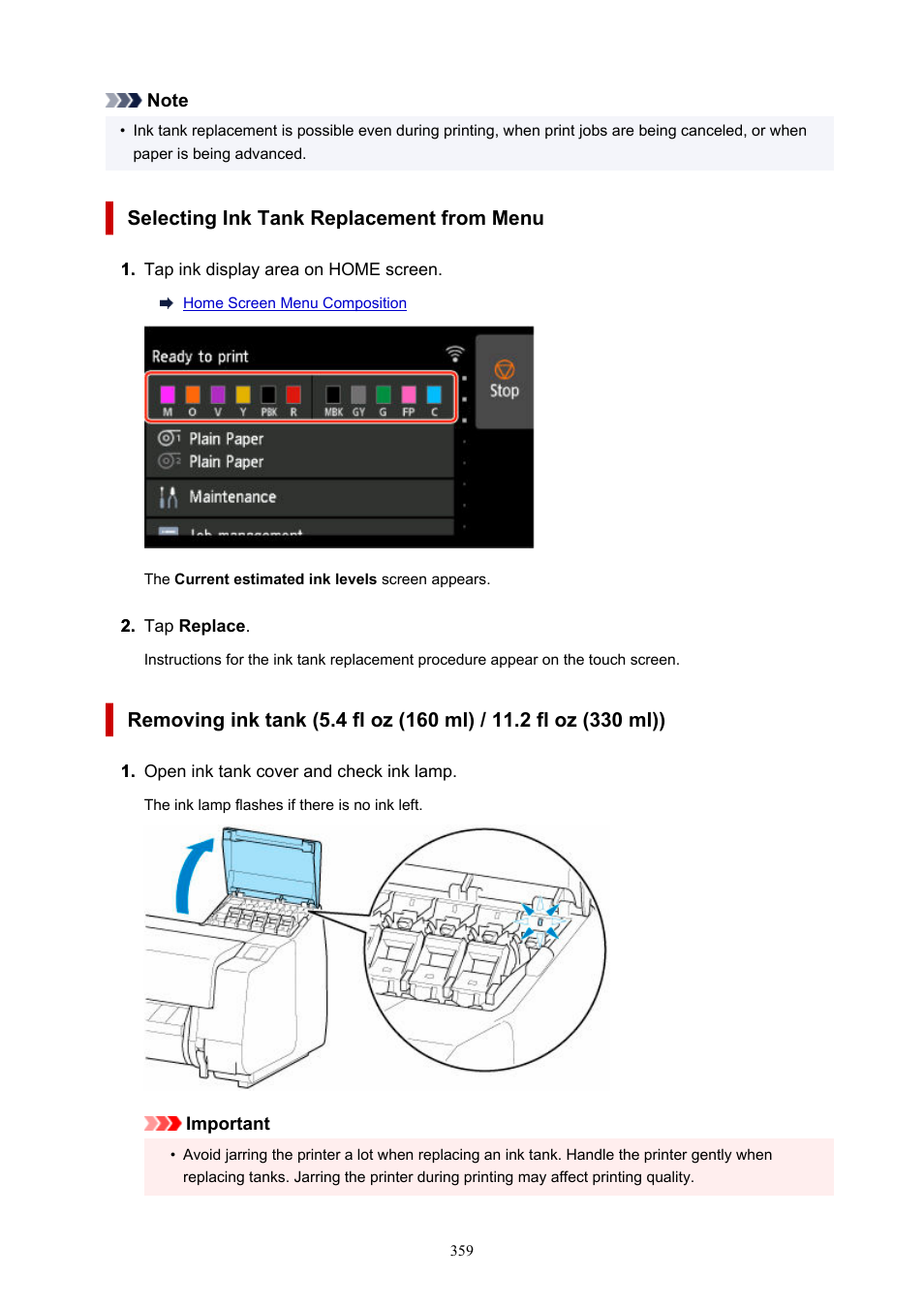 Selecting ink tank replacement from menu | Canon imagePROGRAF GP-4000 User Manual | Page 359 / 1015