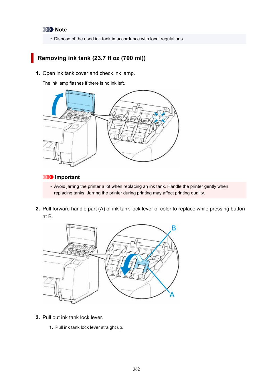 Removing ink tank (23.7 fl oz (700 ml)) | Canon imagePROGRAF GP-4000 User Manual | Page 362 / 1015