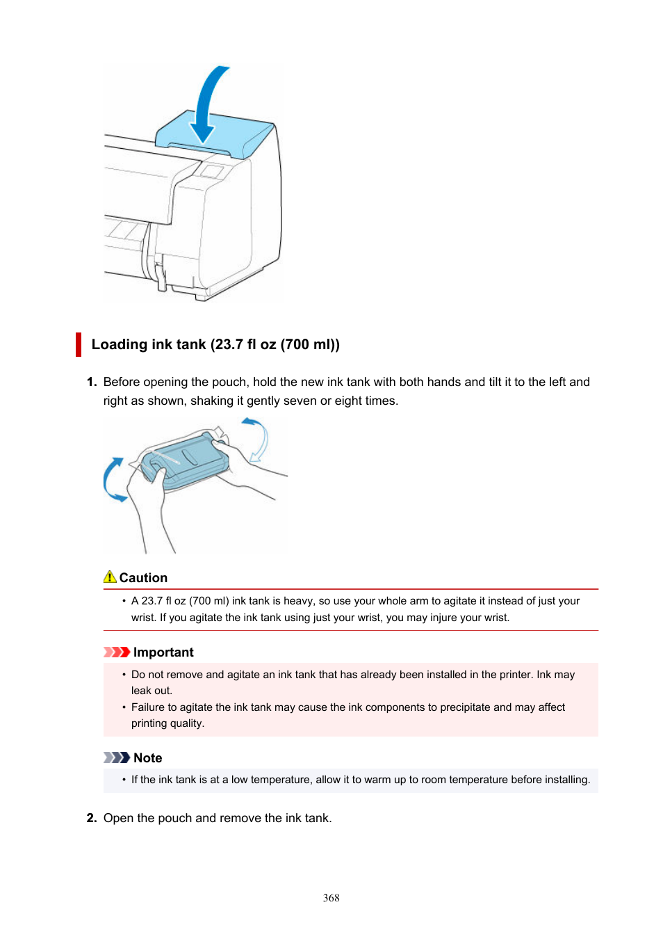 Loading ink tank (23.7 fl oz (700 ml)) | Canon imagePROGRAF GP-4000 User Manual | Page 368 / 1015