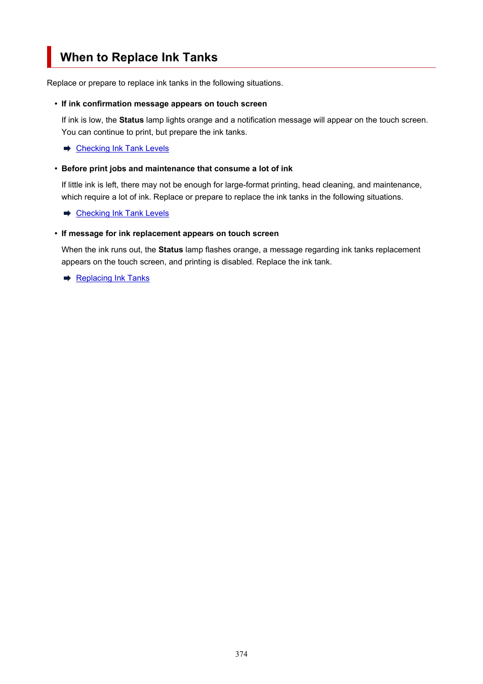 When to replace ink tanks | Canon imagePROGRAF GP-4000 User Manual | Page 374 / 1015
