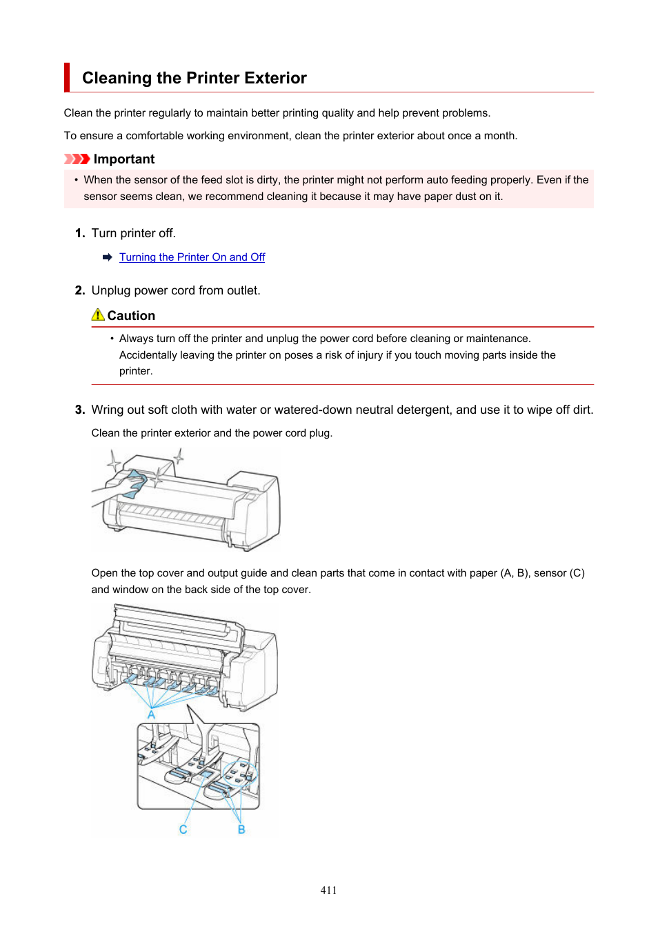 Cleaning the printer exterior | Canon imagePROGRAF GP-4000 User Manual | Page 411 / 1015