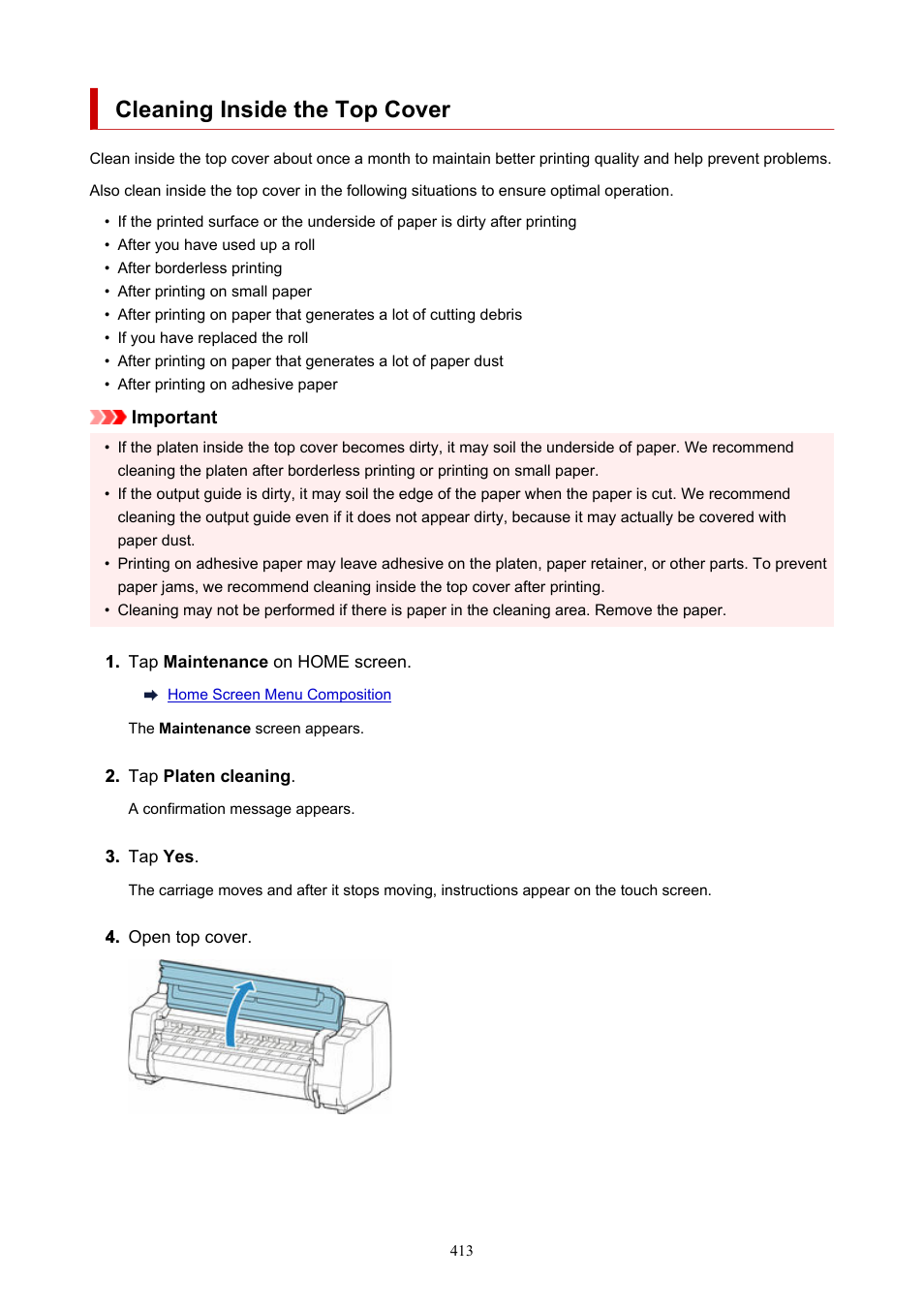 Cleaning inside the top cover, Cleaning inside the, Top cover | Canon imagePROGRAF GP-4000 User Manual | Page 413 / 1015