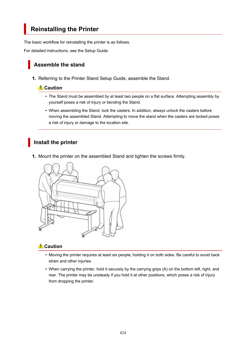 Reinstalling the printer, Assemble the stand, Install the printer | Canon imagePROGRAF GP-4000 User Manual | Page 424 / 1015