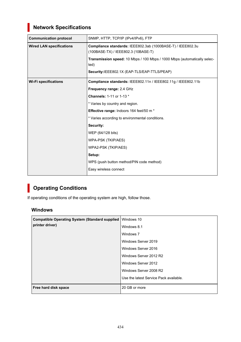 Network specifications operating conditions, Network specifications, Operating conditions | Windows | Canon imagePROGRAF GP-4000 User Manual | Page 434 / 1015