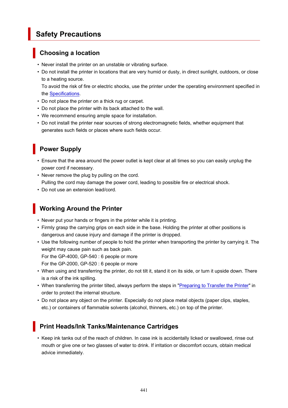 Safety precautions | Canon imagePROGRAF GP-4000 User Manual | Page 441 / 1015