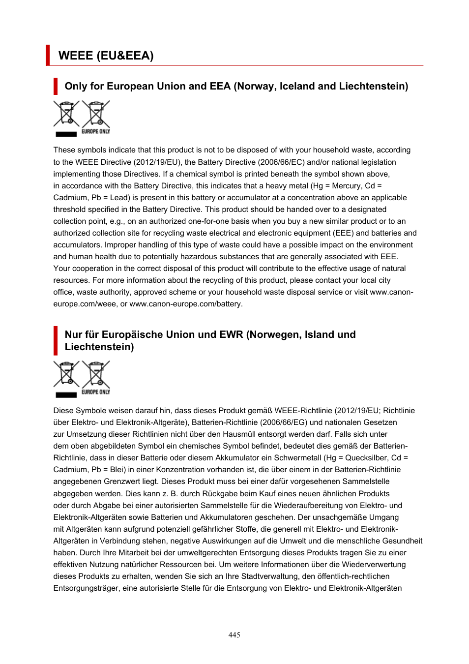 Weee (eu&eea) | Canon imagePROGRAF GP-4000 User Manual | Page 445 / 1015