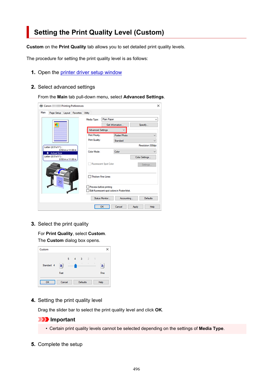 Setting the print quality level (custom) | Canon imagePROGRAF GP-4000 User Manual | Page 496 / 1015